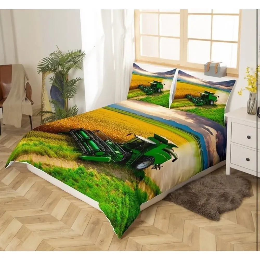 Tractor Bedding Duvet Cover Set Queen Size Farmland Bedding Set for Kids New I5